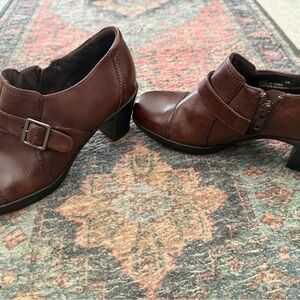 Clarks Brown Leather Low Block Heel Booties